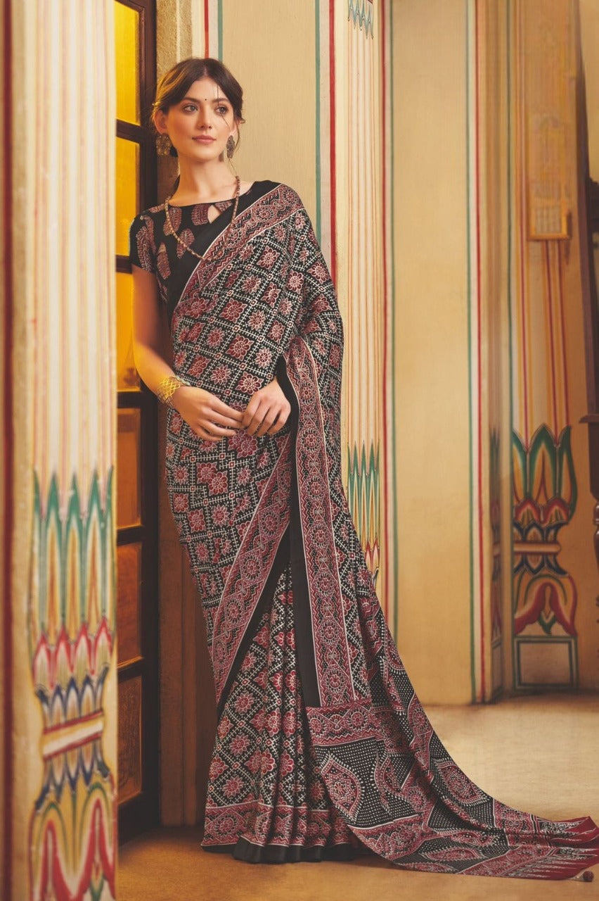 Multicolor Designer Crepe Saree with Geometric Print – Nupur Collection