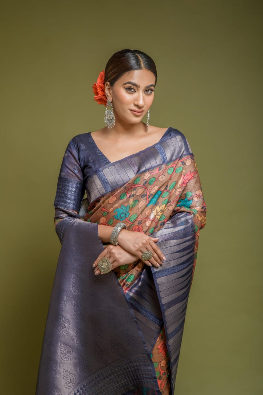 Semi Gadwal Silk Saree with Kalamkari Print - Blue with Purple – Looms  Legacy