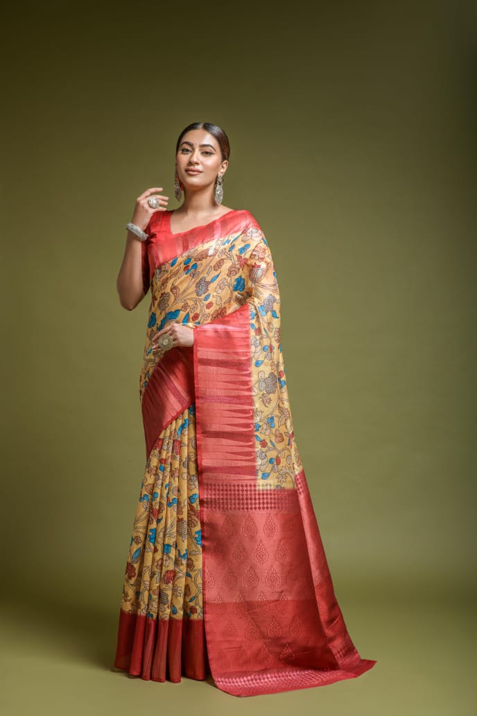 Maanya Yellow kalamkari Saree | Pure Kalamkari Saree | Dola Silk Saree –  Ekana Label