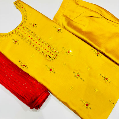 Chanderi Silk | Designer Chudidar Set | Mirror Work