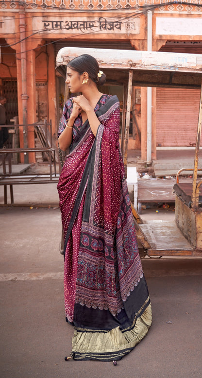 Gajji silk (viscose) Saree | Bandhani print | Ajark printed pallu