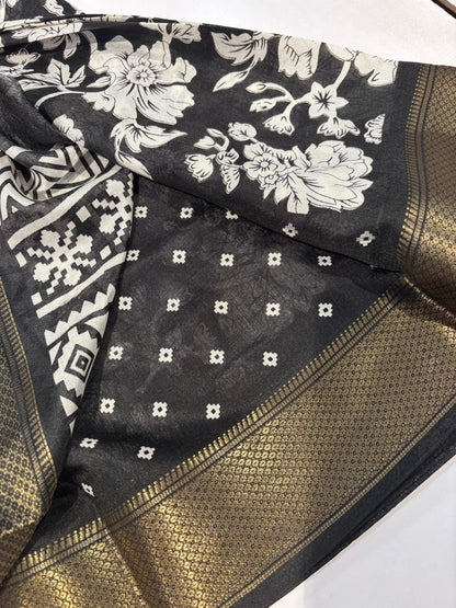 Black & White Dola Crepe Saree