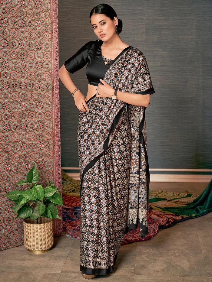 Pista Ajrak Block & Hand Kalamkari Print Pure Viscose Saree