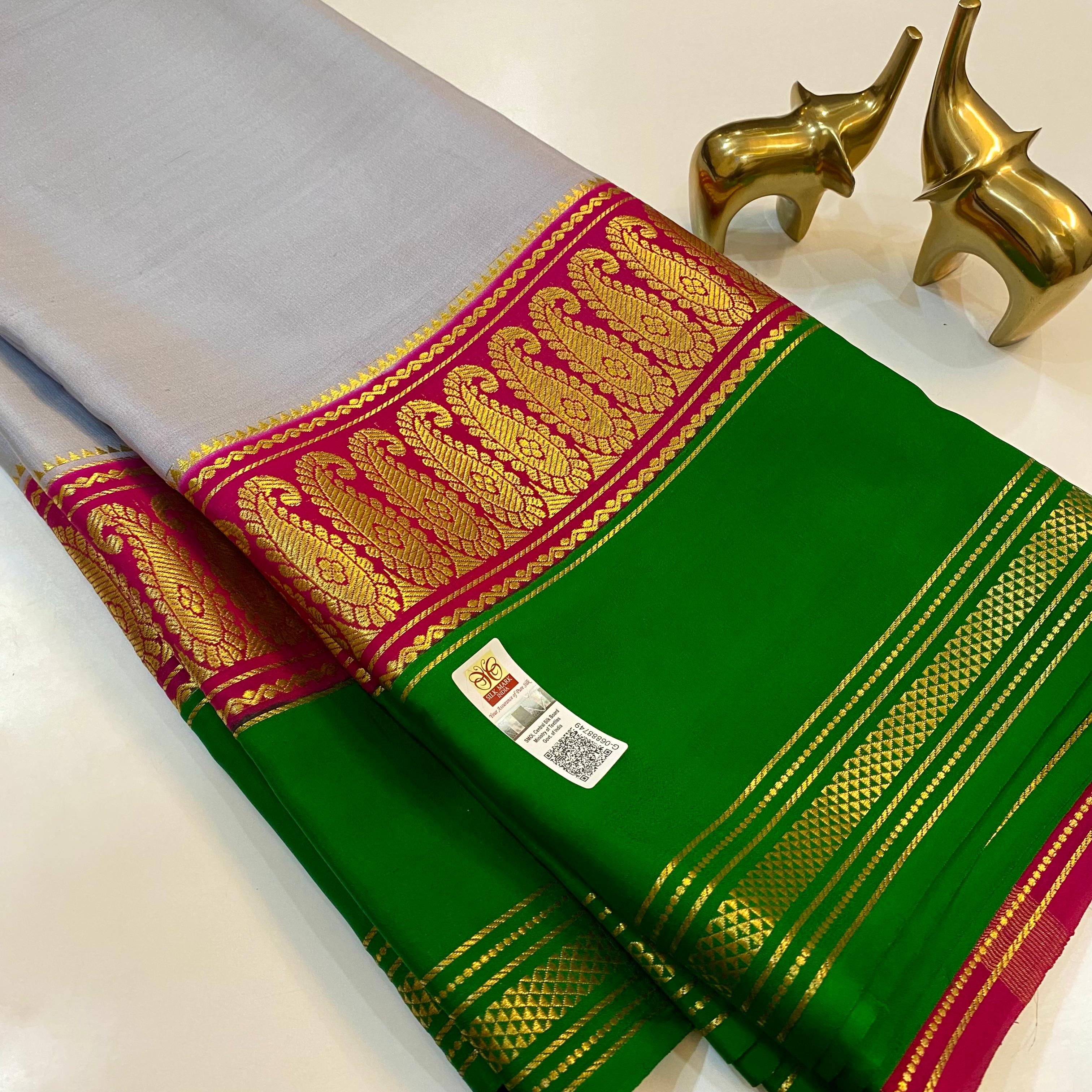 Mysore Crepe Silk saree in Ananda Blue and KSIC Blue combination with –  Amythi kanchi Silks