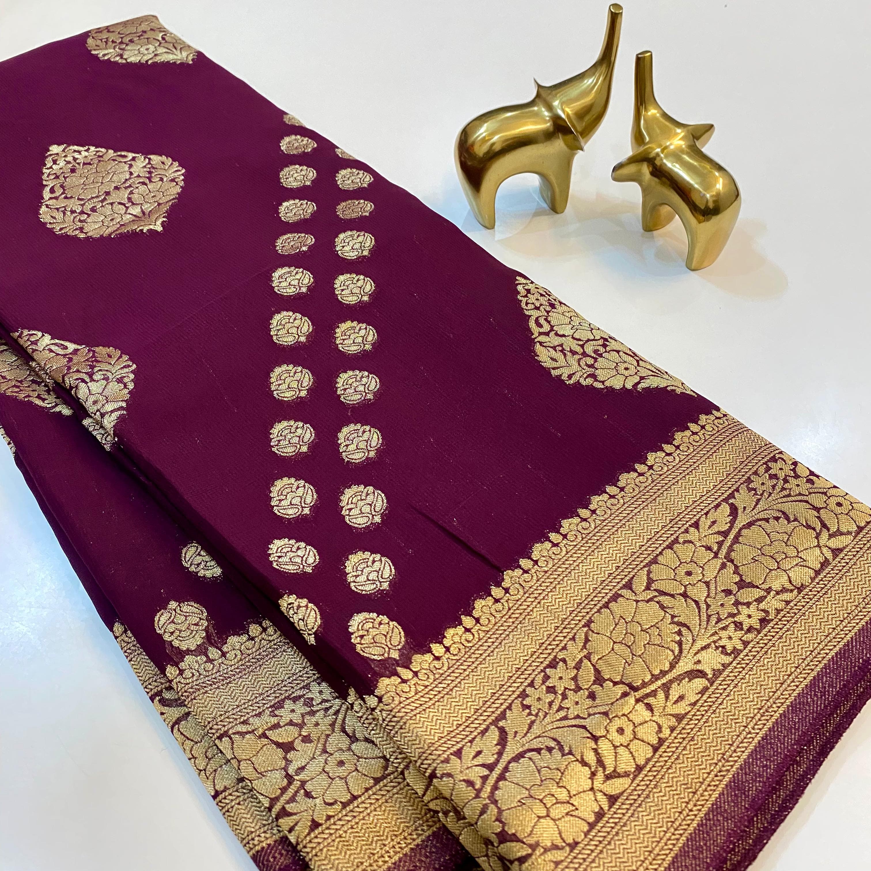 Buy Online Brown Banarasi Georgette Saree with Floral Creeper Design – Pure  Elegance