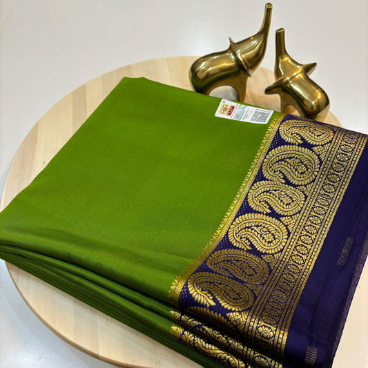 Discover elegance with our exquisite Mango border Mysore Silk Saree, crafted from high-quality 110 gram KSIC grade silk.