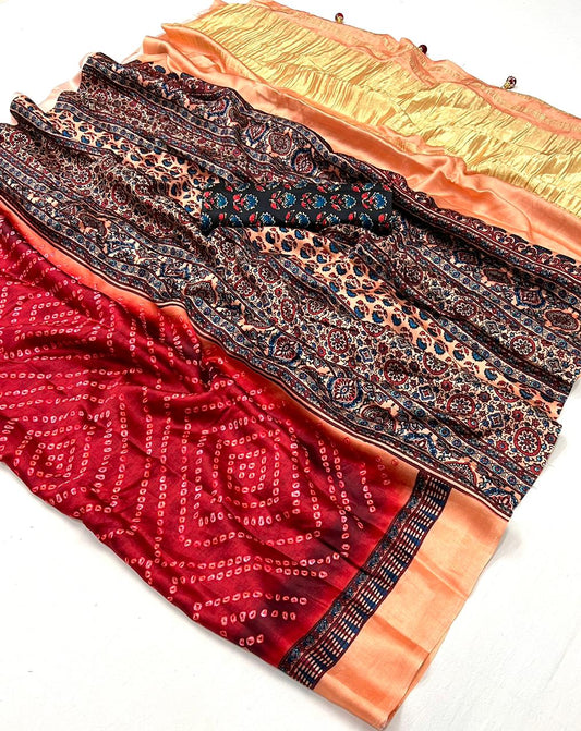 Gajji silk (viscose) Saree | Bandhani print | Ajark printed pallu