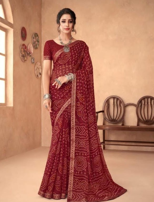 Adorable Red Colour Traditional Looking Chiffon Saree – Priyanjalii Saree